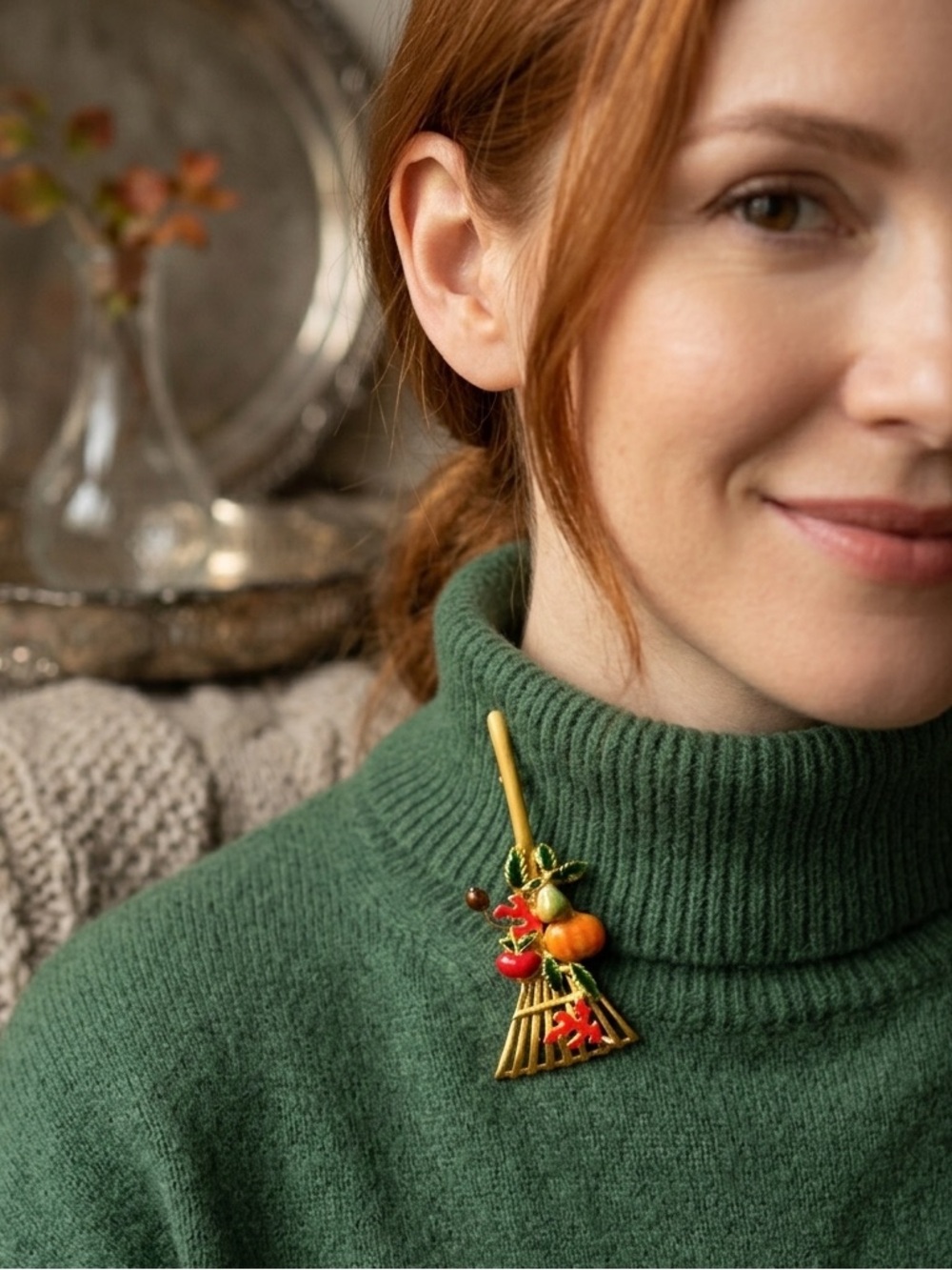 Gold-tone Harvest Broomstick Brooch with Orange and Red Accents — Women accesso